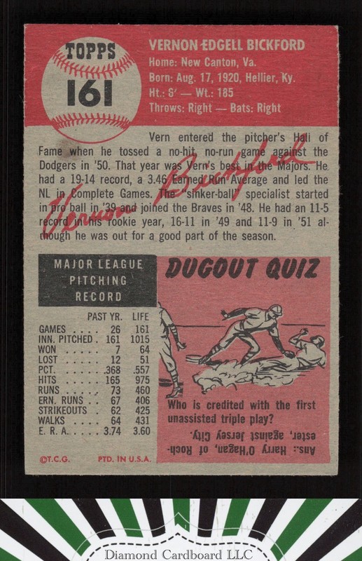 1953 Topps #161 Vern Bickford : Bio uses white text VG d, back