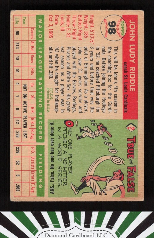 1955 Topps #98 Johnny Riddle VG a, back