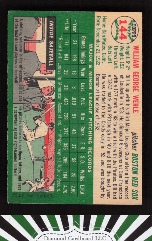 1954 Topps #144 Bill Werle VG+ e, back