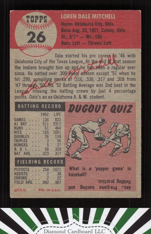 1953 Topps #26 Dale Mitchell EX [CENTERED] h, back