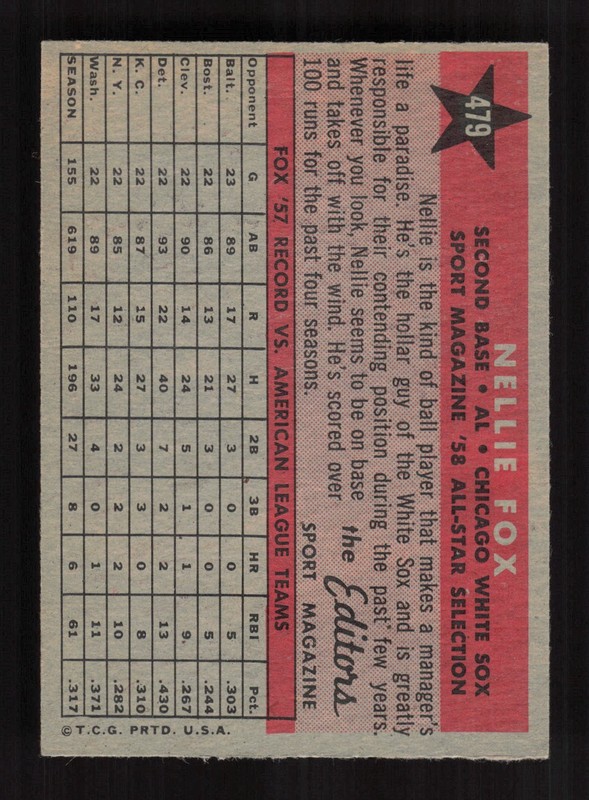 1958 Topps #479 Nellie Fox EXMT m, back
