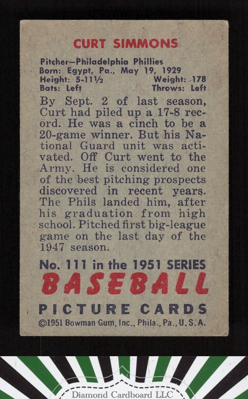 1951 Bowman #111 Curt Simmons VGEX, back