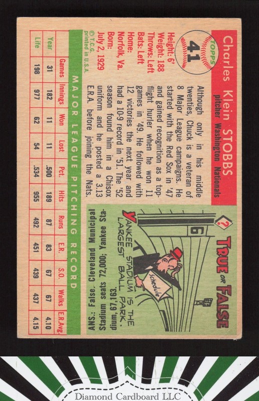 1955 Topps #41 Chuck Stobbs VGEX j, back