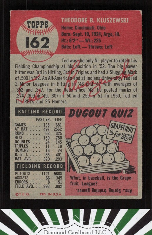 1953 Topps #162 Ted Kluszewski : Bio uses black text VGEX g, back