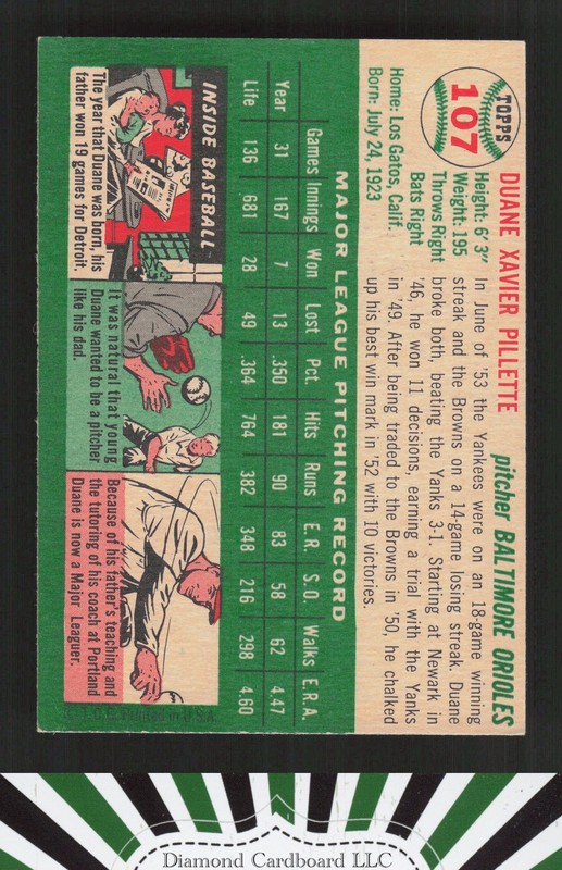 1954 Topps #107 Duane Pillette EX d, back