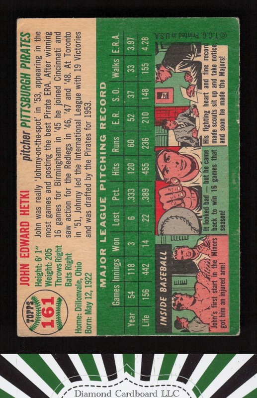 1954 Topps #161 John Hetki VG a, back