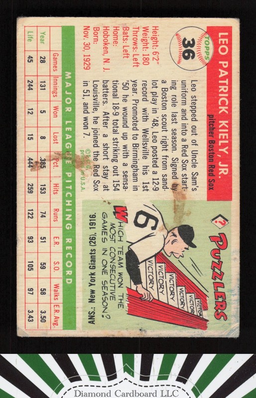1955 Topps #36 Leo Kiely GD n, back