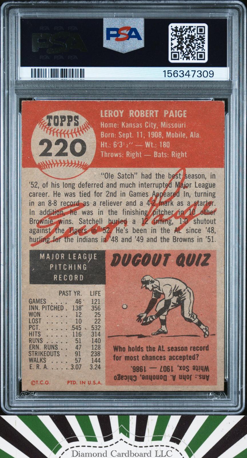 1953 Topps #220 Satchell Paige PSA 4 [DEAD CENTERED], back