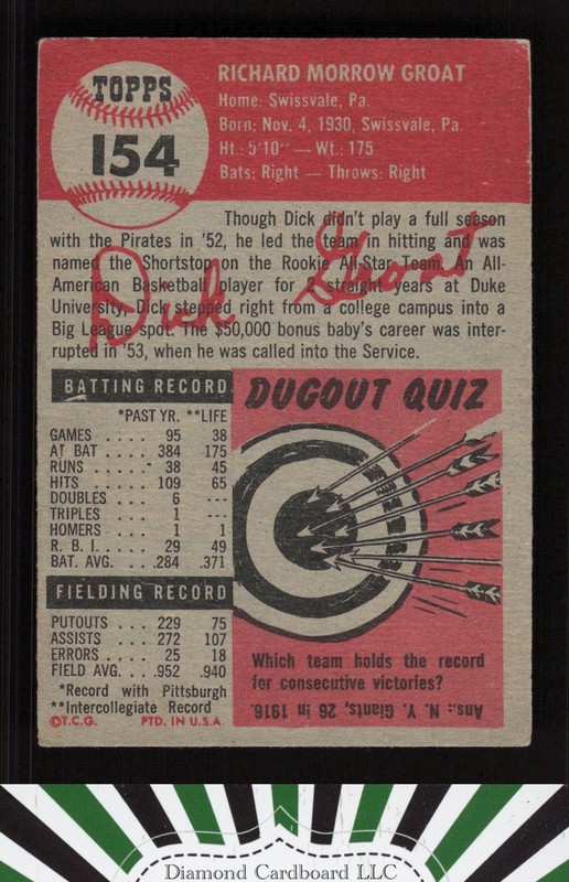 1953 Topps #154 Dick Groat : Bio uses white text VGEX h, back