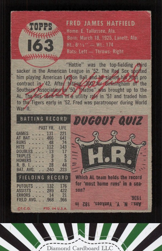 1953 Topps #163 Fred Hatfield : Bio uses white text VG d, back