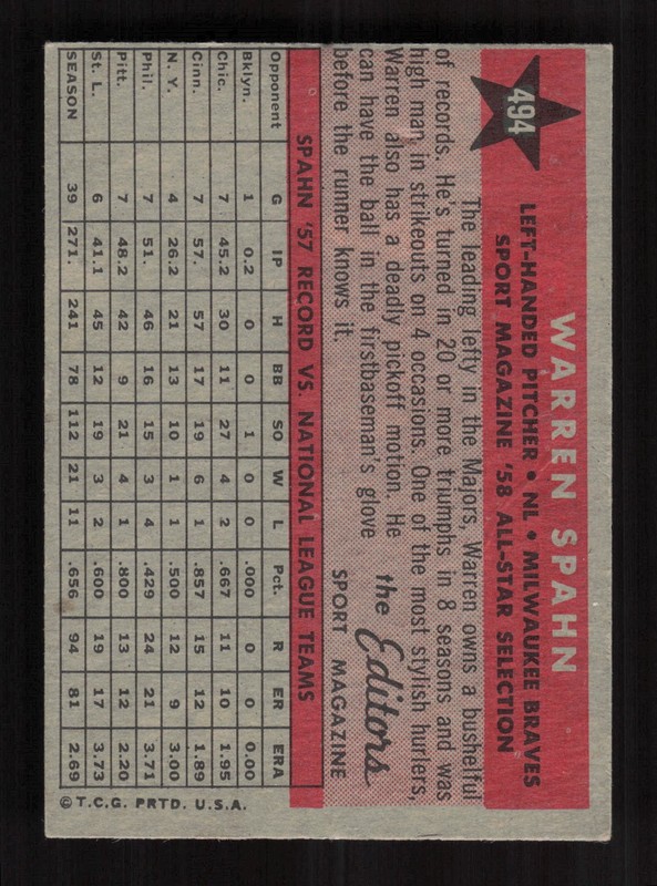 1958 Topps #494 Warren Spahn GD g, back