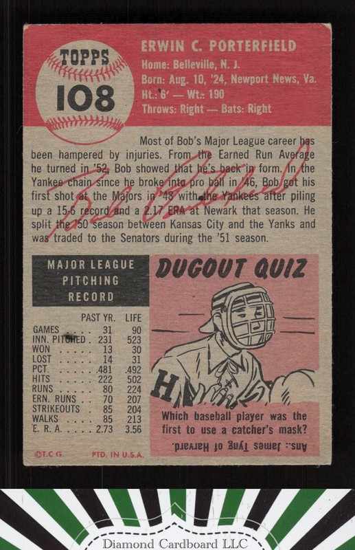 1953 Topps #108 Bob Porterfield : Bio uses white text VGEX e, back