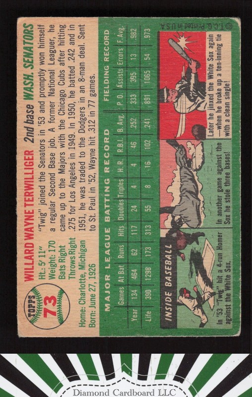 1954 Topps #73 Wayne Terwilliger VG (ST) m, back