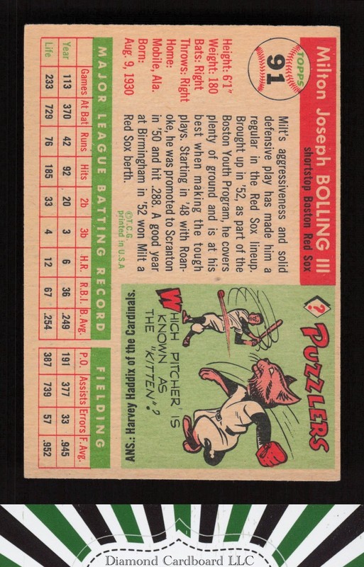 1955 Topps #91 Milt Bolling EXMT m, back