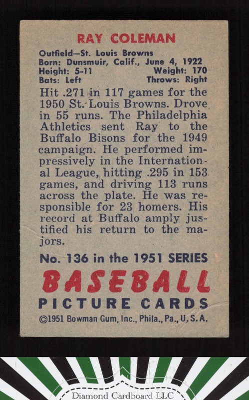 1951 Bowman #136 Ray Coleman GD+, back