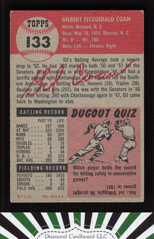 1953 Topps #133 Gil Coan : Bio uses white text VGEX [CENTERED] c, back