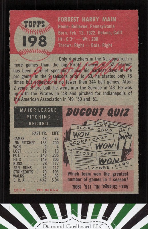 1953 Topps #198 Forrest Main EX j, back