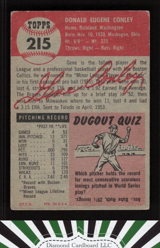 1953 Topps #215 Gene Conley GD a, back
