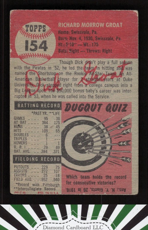 1953 Topps #154 Dick Groat : Bio uses black text PR a, back