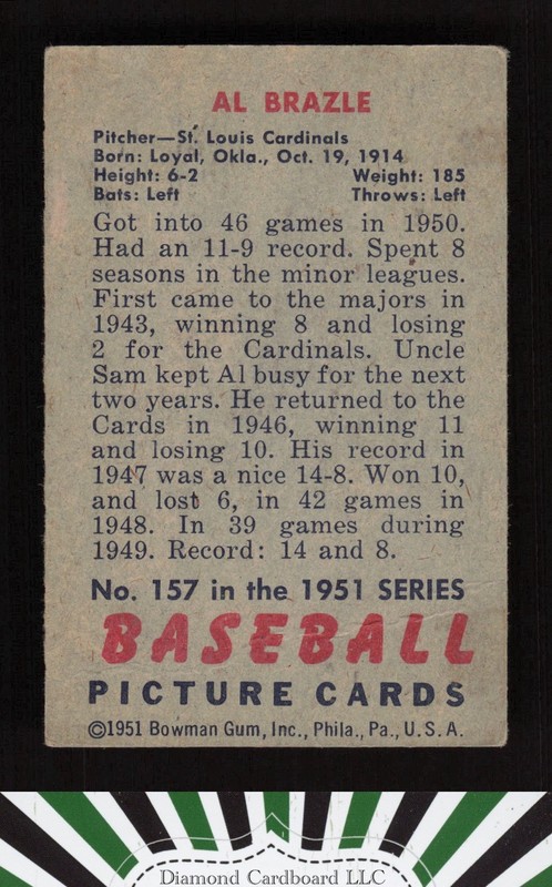 1951 Bowman #157 Al Brazle GD (MISCUT), back