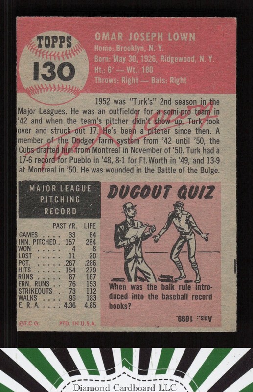 1953 Topps #130 Turk Lown : Bio uses white text VGEX i, back