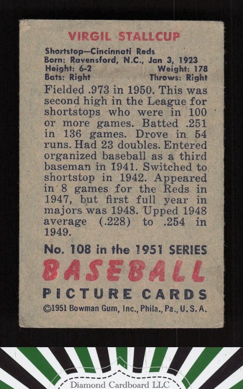 1951 Bowman #108 Virgil Stallcup GD+ [CENTERED], back