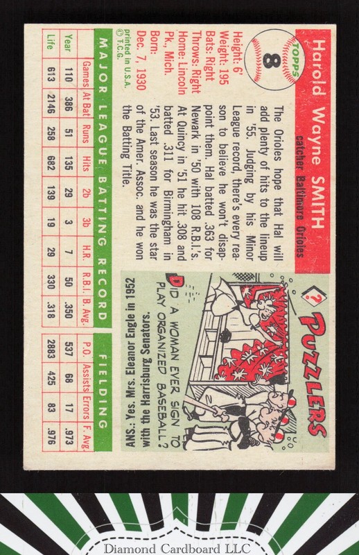 1955 Topps #8 Hal Smith VGEX h, back