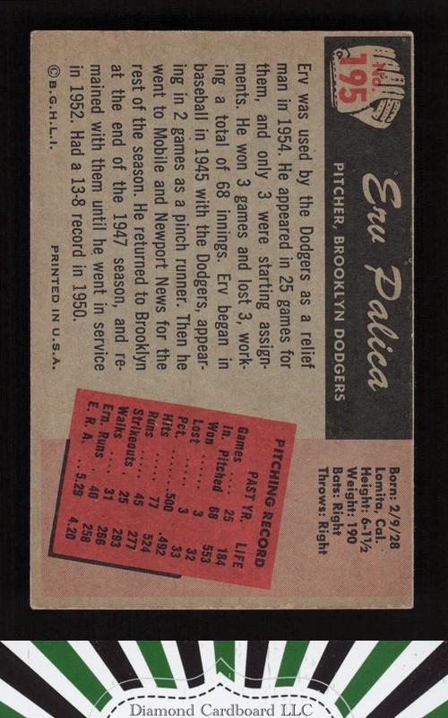 1955 Bowman #195 Erv Palica VGEX, back