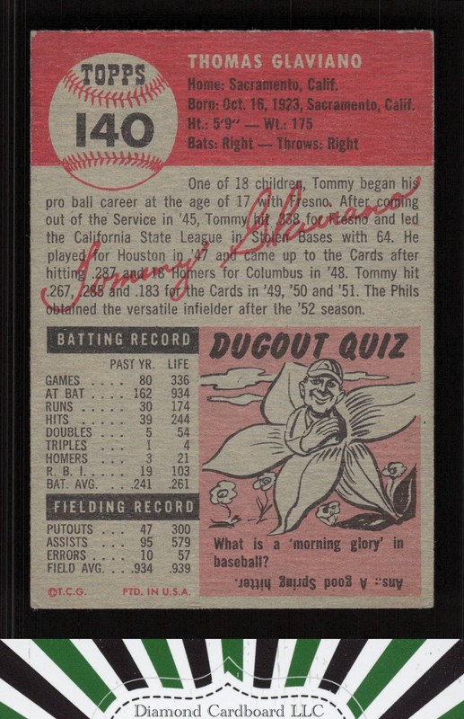 1953 Topps #140 Tommy Glaviano : Bio uses black text VGEX+ f, back