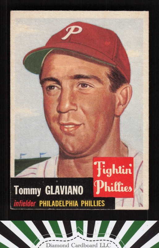 1953 Topps #140 Tommy Glaviano : Bio uses black text VGEX+ f, front