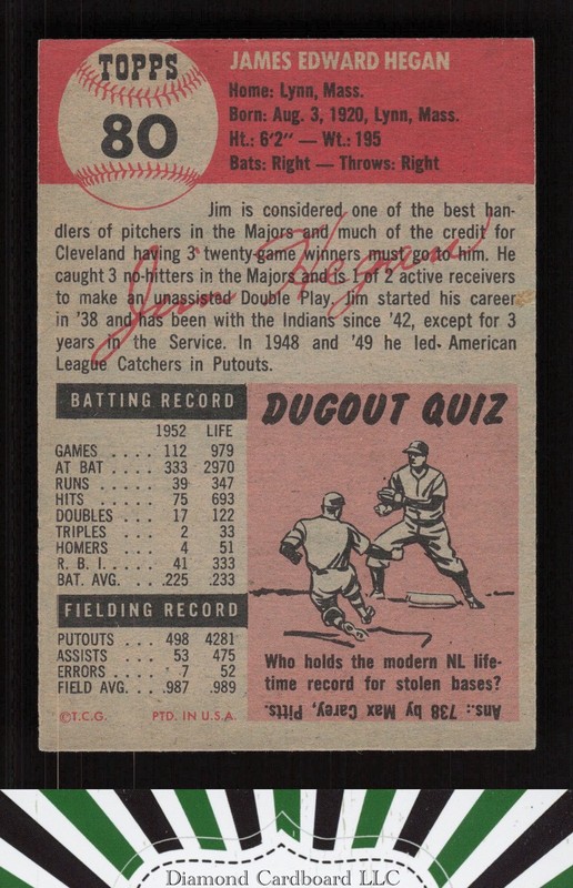 1953 Topps #80 Jim Hegan NM h, back