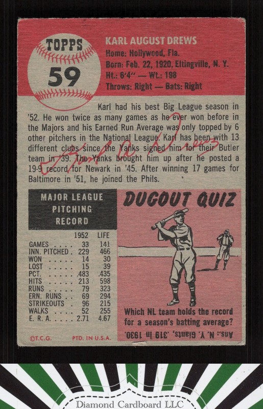1953 Topps #59 Karl Drews GD a, back