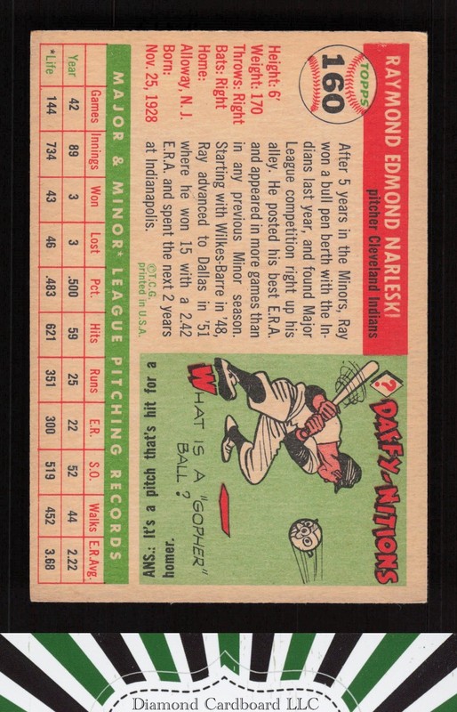 1955 Topps #160 Ray Narleski VGEX c, back