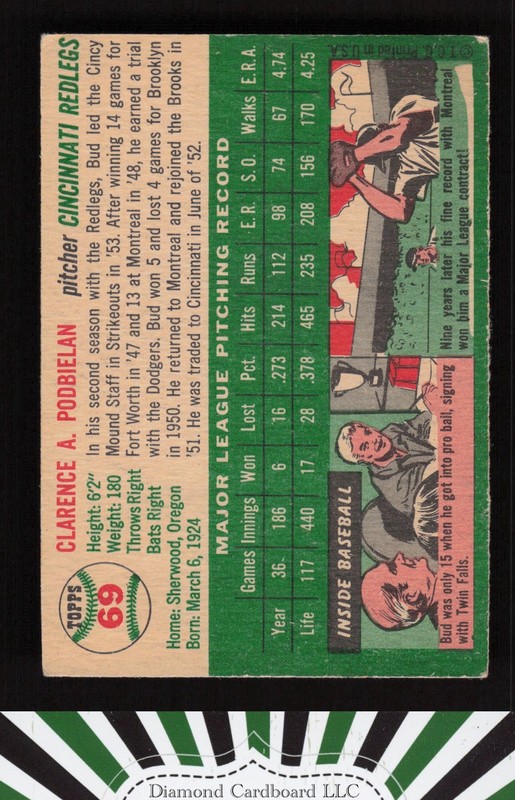 1954 Topps #69 Bud Podbielan VG+ o, back