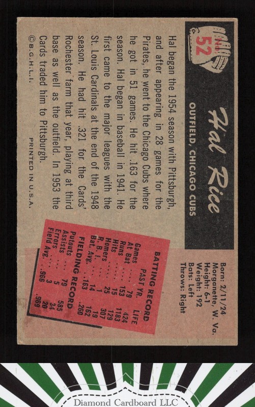 1955 Bowman #52 Hal Rice EX, back