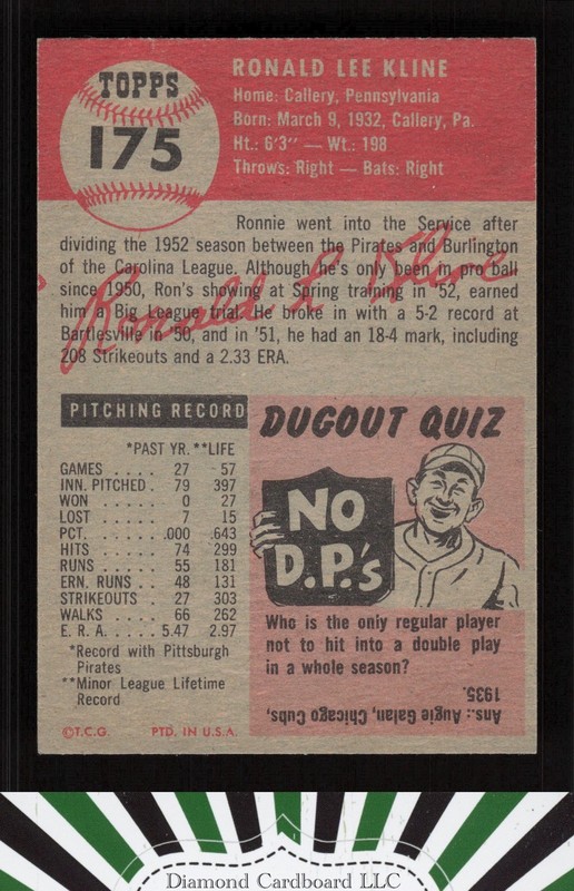 1953 Topps #175 Ron Kline NM d, back