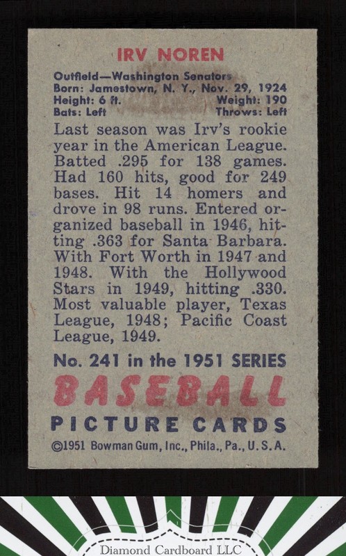 1951 Bowman #241 Irv Noren EX+ [CENTERED], back