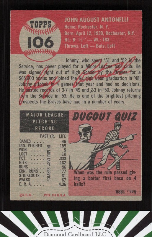 1953 Topps #106 John Antonelli : Bio uses white text EX h, back