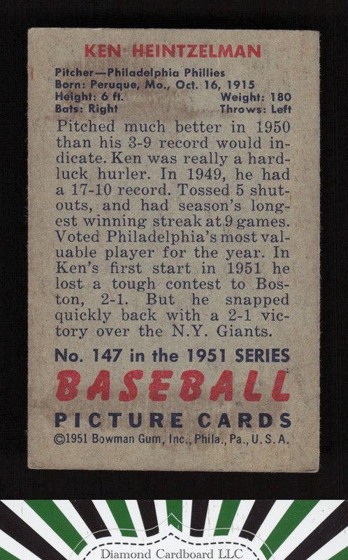 1951 Bowman #147 Ken Heintzelman VG+, back