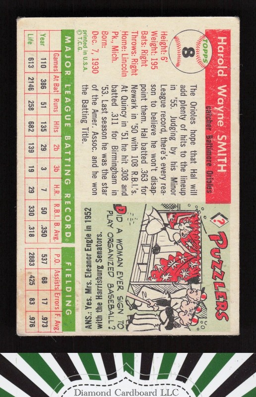 1955 Topps #8 Hal Smith VGEX d, back