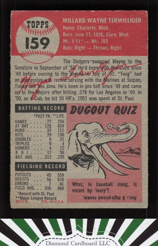 1953 Topps #159 Wayne Terwilliger : Bio uses white text FR c, back