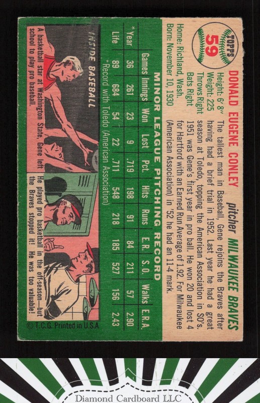 1954 Topps #59 Gene Conley VGEX+ m, back