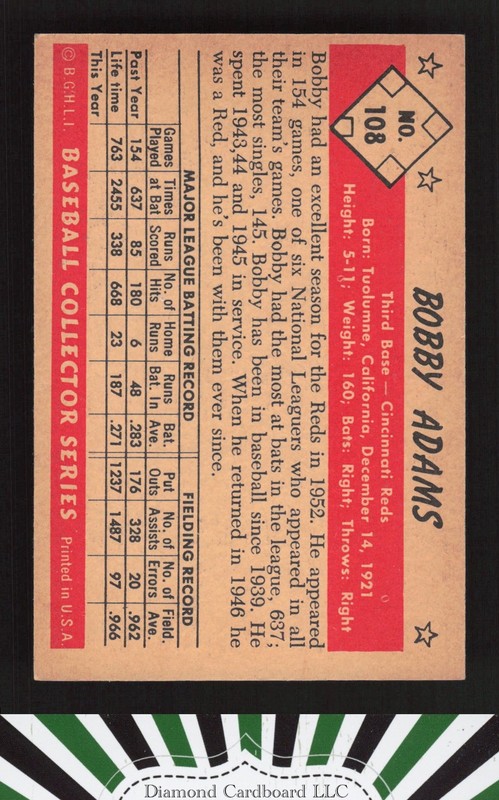 1953 Bowman Color #108 Bobby Adams EX c, back