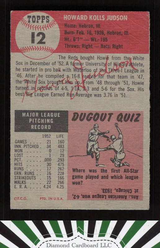 1953 Topps #12 Howie Judson GD a, back
