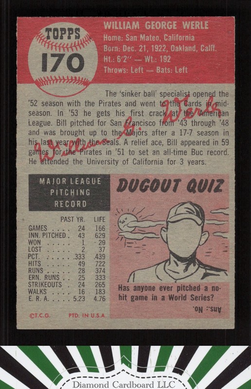 1953 Topps #170 Bill Werle EX c, back