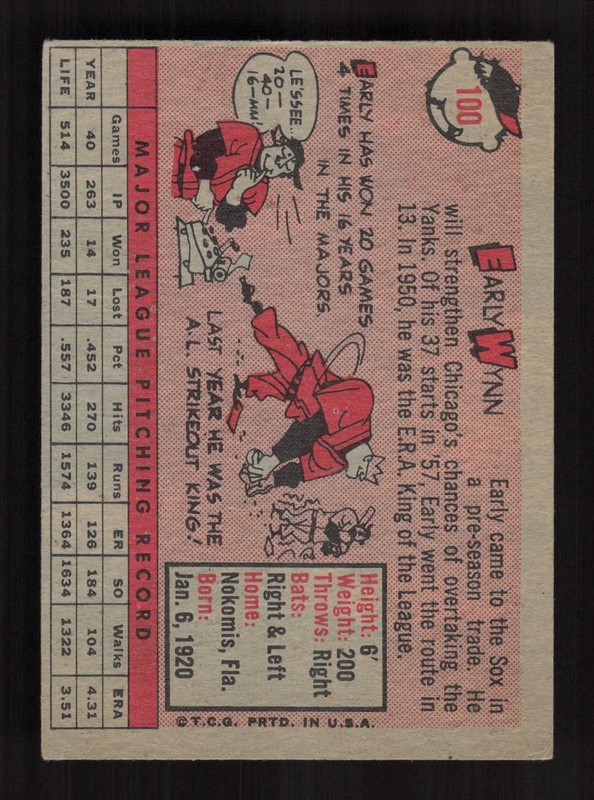 1958 Topps #100 Early Wynn White Letters VGEX g, back