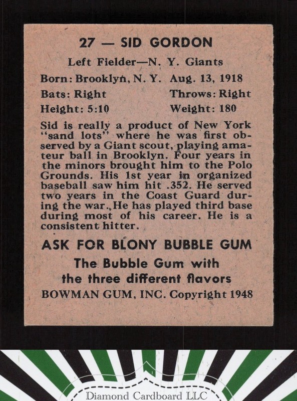 1948 Bowman #27 Sid Gordon EXMT a, back