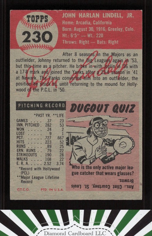 1953 Topps #230 Johnny Lindell VGEX g, back