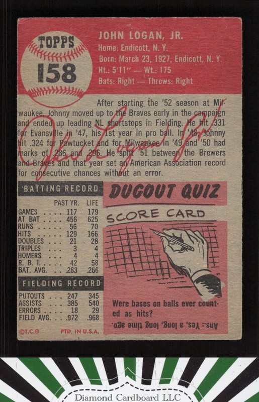 1953 Topps #158 Johnny Logan : Bio uses white text VG c, back