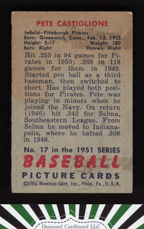 1951 Bowman #17 Pete Castiglione VGEX, back